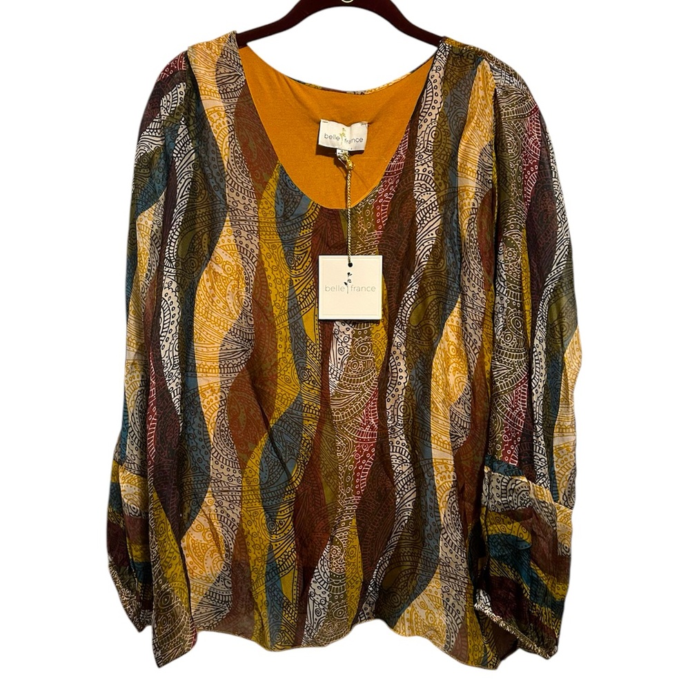 NWT Belle France Colorful Long Sleeve Silk Blouse (Small)